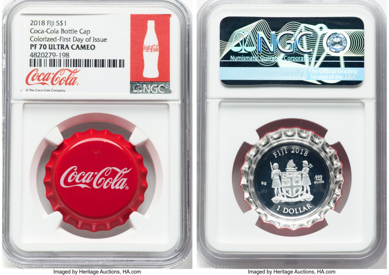 Republic silver Colorized Proof "Coca-Cola Bottle Cap" Dollar 2018 PR70 Ultra Ca...