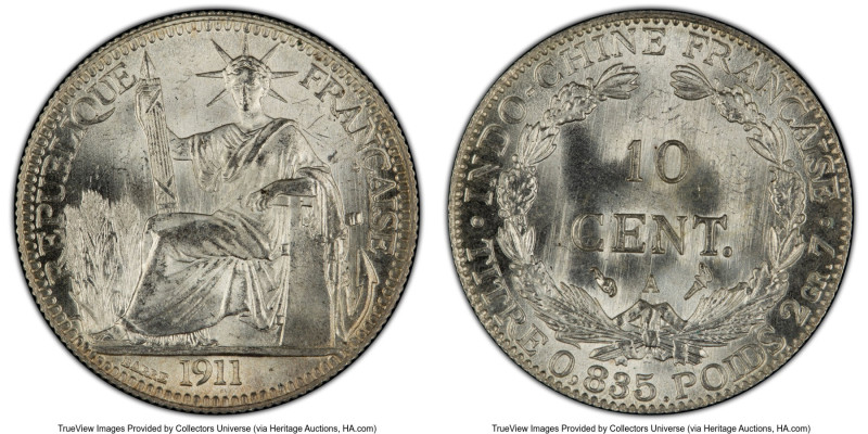 French Colony 10 Cents 1911-A MS66+ PCGS, Paris mint, KM9, Lec-150. A superb gem...