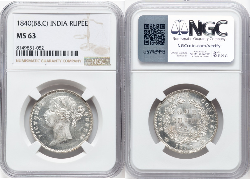 British India. Victoria Rupee 1840-(b & c) MS63 NGC, Calcutta mint, KM458.2. HID...
