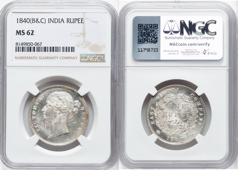 British India. Victoria Pair of Certified Rupees 1840 (b & c) MS62 NGC, Calcutta...