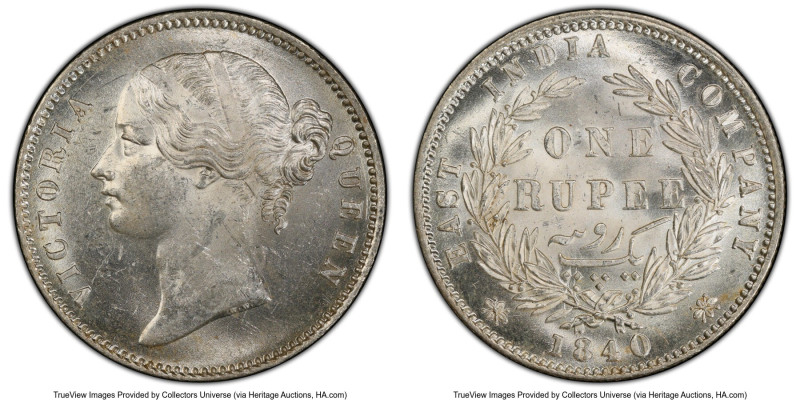 British India. Victoria Rupee 1840-(c or b) MS61 PCGS, Calcutta mint, KM458.2, S...