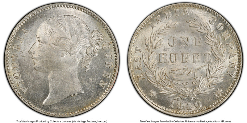 British India. Victoria Rupee 1840-(c or b) MS61 PCGS, Calcutta mint, KM458.2, S...