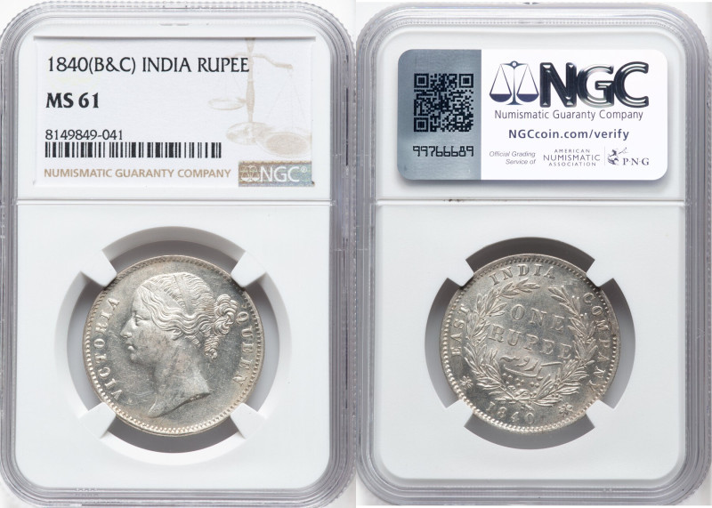 British India. Victoria Pair of Certified Rupees 1840 (b & c) MS61 NGC, Calcutta...
