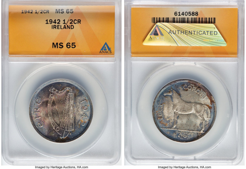 Republic 1/2 Crown 1942 MS65 ANACS, London mint, KM16, S-5533. Boasting a bright...