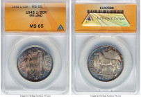 Republic 1/2 Crown 1942 MS65 ANACS, London mint, KM16, S-5533. Boasting a bright array of color flowing over gem surfaces while anchored by an underly...