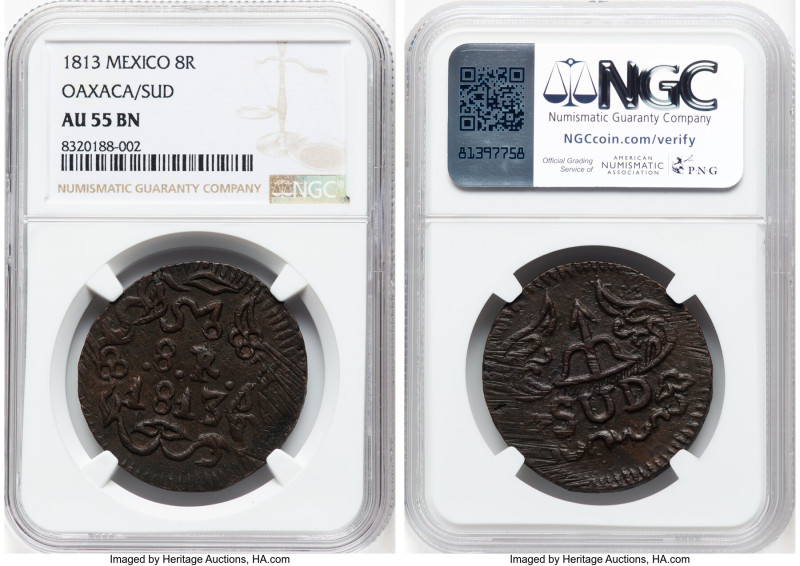 Oaxaca. War of Independence SUD 8 Reales 1813 AU55 Brown NGC, KM234. Insurgent c...