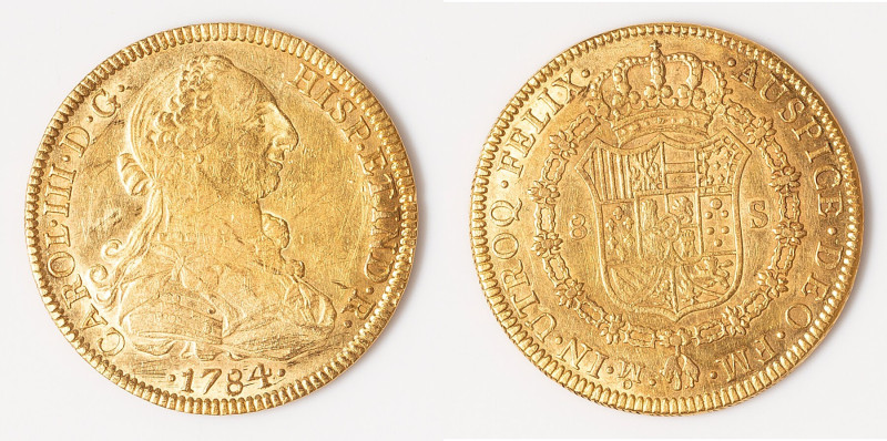 Charles III gold 8 Escudos 1784 Mo-FM XF (Obverse Scratches), Mexico City mint, ...