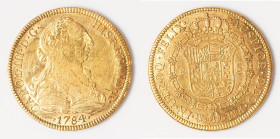Charles III gold 8 Escudos 1784 Mo-FM XF (Obverse Scratches), Mexico City mint, KM156.2. 37.6mm. 26.95gm. HID09801242017 © 2024 Heritage Auctions | Al...