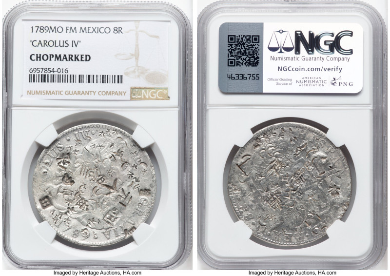 Charles IV 8 Reales 1789 Mo-FM Chopmarked NGC, Mexico City mint, KM107. CAROLUS ...