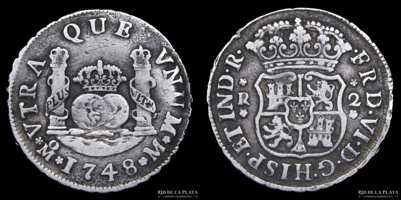 México. Fernando VI (1746-1759) 2 Reales 1748 M. Columnaria. Plata 917; 26.0mm; ...