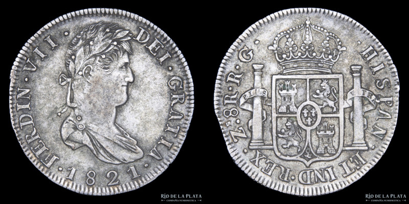 México. Fernando VII (1808-1825) 8 Reales 1821 RG Zacatecas. Plata 903; 40.3mm; ...