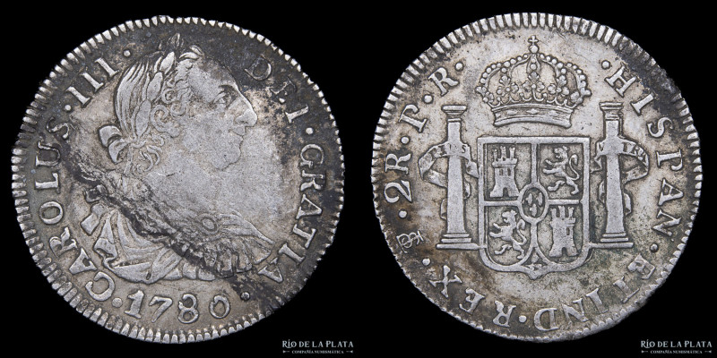 Potosí. Carlos III (1759-1788) 2 Reales 1780 PR (Pedro Mazondo, Raymundo de Ytur...