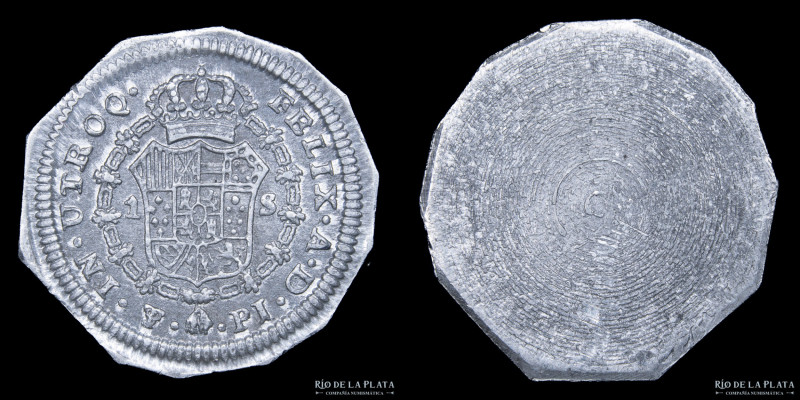 Potosí. Carlos IV / Ferdin VII. 1 Escudo 18XX PJ. White metal die test. Metal bl...