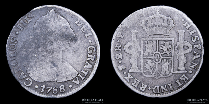 Potosí. Carlos III (1759-1788) 2 Reales 1788 PR (Pedro Mazondo y Flor - Raimundo...