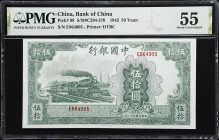 (t) CHINA--REPUBLIC. Bank of China. 50 Yuan, 1942. P-98. S/M#C294-270. PMG About Uncirculated 55.
Serial number E864005. A lightly handled example of...