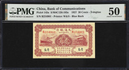 CHINA--REPUBLIC. Bank of Communications. 20 Cents, 1927. P-143e. S/M#C126-183e. PMG About Uncirculated 50.
Tsingtau, serial number B234901. PMG Comme...