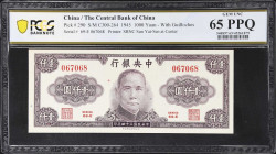 CHINA--REPUBLIC. Lot of (2). Central Bank of China. 5 Dollars & 1000 Yuan, 1930-45. P-200f & 290. S/M#C300-50e & S/M#C300-264. PCGS Banknote Gem Uncir...