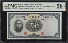 Serial number F/M 136570X.
(t) CHINA--REPUBLIC. Central Bank of China. 10 Yuan, 1936. P-218a. PMG Choice About Uncirculated 58 EPQ.
Serial number F/...