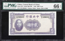 (t) CHINA--REPUBLIC. Central Bank of China. 2000 Yuan, 1946. P-307. S/M#C300-290. PMG Gem Uncirculated 66 EPQ.
Serial number E/M 028645. A nice examp...