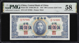 (t) CHINA--REPUBLIC. Central Bank of China. 500 Customs Gold Units, 1947. P-334. S/M#C301-23. PMG Choice About Uncirculated 58.
Serial number A/X 757...