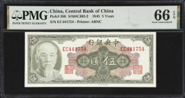 (t) CHINA--REPUBLIC. Lot of (3). Central Bank of China. 5 Yuan, 1945. P-388. S/M#C302-2. Consecutive. PMG Gem Uncirculated 66 EPQ.
Serial numbers EC4...