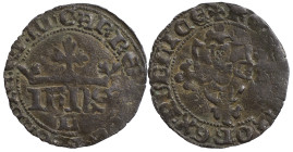 Portugal
D. João I (1385-1433)
Meio Real Cruzado de Lisboa Bolhão
Sinal oculto à direita da coroa.
Interessante erro de cunho no final da legenda ...