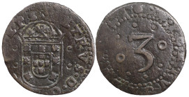Portugal
D. Pedro Regente (1667-1683)
3 réis Lisboa 1676 Cobre
AG: 03.? 5.86 g
BC+

Portugal
D. Pedro Regente (1667-1683)
3 réis Lisbon 1676 A...