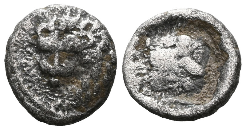 Cyprus, Amathos, Rhoikos ? (c. 350 BC), Obol. Lion’s head right / Forepart of li...