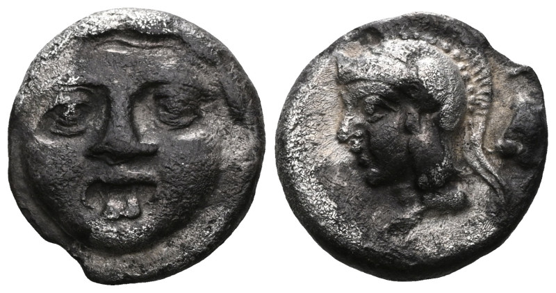 Pamphylia, Aspendos AR Obol. c. 420-360. Gorgoneion / Helmeted head of Athena l....