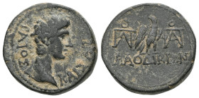 Roman Provincial
Phrygia, Laodicea. Augustus. AE. (Bronze) 27 BC-14 AD.
Obv: Bare head of Gaius Caesar, r.
Rev: ΛΑΟΔΙΚΕΩΝ. Eagle standing right, he...