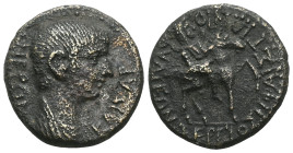 Roman Provincial
PHRYGIA. Hierapolis. Nero, 54-68. (Bronze), 55 AD. ΝΕΡΩΝ ΚΑΙCAP Youthful, draped bust of Nero to right; countermark of radiate head ...