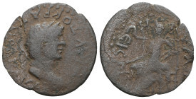 Nero Æ24 of Iconium, Lykaonia. AD 62-65. ΝΕΡΩΝ ΚΑΙΣΑΡ ΣΕΒΑΣΤΟΣ laureate head right / ΠΟΠΠΑΙΑΣ ΣΕΒΑΣΤΗ ΚΛΑΥΔΕΙΚΟΝ/ΙΕΩΝ, Poppaea Sabina as Kore seated l...