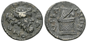 Lydia, Hyrkaneis. Imperial Times. 2nd Century AD. AE . Obverse: ΜΑΚ Є ΔΟΝΩ, mask of Silenus wearing an ivy wreath on the right. Reverse: V ΡΚΑΝΩΝ, cis...