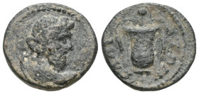 Elaia, pseudo-autonomous AE15
Elaia, Aeolis. AE15 , 2nd Century AD.
Obv. Draped bust of Asklepios right, serpent-staff before.
Rev. ΕΛΑΙΤΩΝ, kalath...