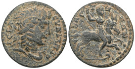 LYDIA. Thyateira. Pseudo-autonomous. Time of Trajan to Hadrian (98-138). Ae.
Obv: IEPA CYNKΛHTOC.
Veiled and draped bust of the Senate right.
Rev: ...