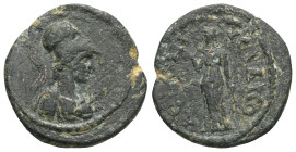 Roman Provincial
Phrygia. Hierapolis . Pseudo-autonomous issue AD 100-300.
Bronze Æ
Helmeted and draped bust of Athena right, wearing aegis / IЄPAΠ...