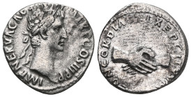 Nerva AR Denarius. Rome, AD 97. IMP NERVA CAES AVG P M TR P COS III P P, laureate head right / CONCORDIA EXERCITVVM, clasped right hands. RIC II 14; R...