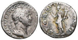 Roman Imperial
*Very rare variety* Trajan (98-117) AR Denarius (Silver) Rome, 106-7
Obv: Bust laureate r., fold of cloak on front shoulder and behin...