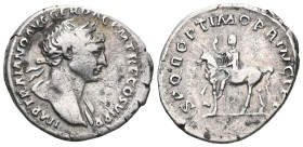 Trajan AR Denarius. Rome, AD 112-113. IMP TRAIANO AVG GER DAC P M TR P COS VI P P, laureate bust right, drapery on far shoulder / SPQR OPTIMO PRINCIPI...
