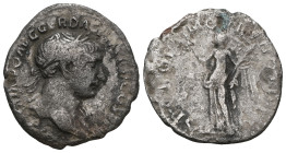 Trajan 98-117 Denarius 101/102, Rome head with laurel wreath to the right, IMP CAES NERVA TRAIAN AVG GERM / Victoria with patera and palm branch steps...