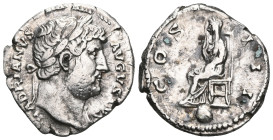 Hadrian , 117 - 138 n. Chr. Denar 125 - 128 n. Chr. Rom. Vs.: HADRIANVS AVGVSTVS, Head with Lorbeerkranz n. r. Ans.: COS III, Pudicitia sitzt n. l. RI...