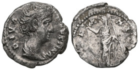 Faustina I (d. 141 AD). Diva Faustina I.
Denarius. After 141 AD Rome.
Obv: DIVA FAVSTINA. Draped bust on the right.
Rev: AETERNITAS. Juno standing ...