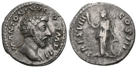 Marcus Aurelius (161 - 180 AD).
Denarius. 163 - 164 AD Rome.
Obverse: M ANTONINVS AVG IMP II. Bust with paludament on the right.
Rev: TR P XVIII - ...