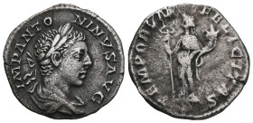 ROMAN IMPERIAL . Elagabalus, 218 - 222 AD Denarius . VAT Rome. Obv.: IMP ANTO-NINVS AVG, draped armored bust with ray crown r. Rev.: TEMPORVM FELICITA...