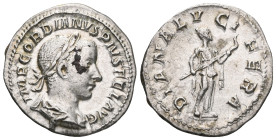 ROMAN IMPERIAL
GORDIAN III. 238-244, denarius. Lauded, draped and armored bust r. Rs: Diana is on the right. with torch. C. 69. R.I.C. 127.

Weight...