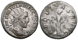 ROMAN IMPERIAL
PHILIPPUS II (247 - 249)
Augustus
Antoninian, Antioch, undated. IMP M IVL PHILIP PVS AVG. Draped armored bust with a crown of rays t...