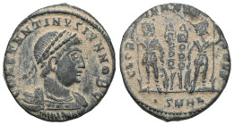 Constantius II Æ Follis. Antioch, AD 330-335. FL IVL CONSTANTIVS NOB C, laureate cuirassed bust right / GLORIA EXERCITVS, two soldiers standing holdin...