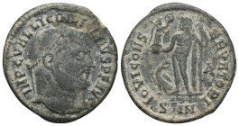 Licinius I Æ Follis. Nicomedia, AD 313-317. IMP C VAL LICIN LICINIVS P F AVG, laureate bust right / IOVI CONSERVATORI, Jupiter, chlamys over shoulder,...