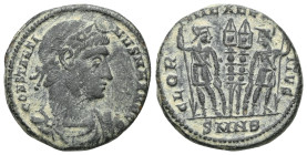 Constantius II Æ Follis. Nicomedia, AD 330-335. FL IVL CONSTANTIVS NOB C, laureate cuirassed bust right / GLOR-IA EXERC-ITVS, two soldiers standing ho...