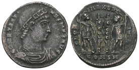 Constantius II Æ Follis. Antioch, AD 330-335. FL IVL CONSTANTIVS NOB C, laureate cuirassed bust right / GLORIA EXERCITVS, two soldiers standing holdin...